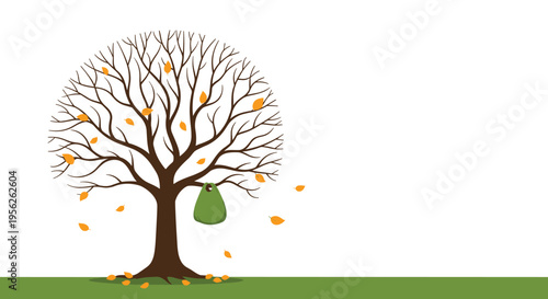 Bare autumn tree with falling yellow leaves and a green grocery bag hanging from its branch illustrates environmental awareness concepts.
