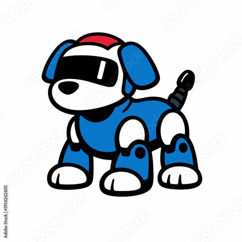Cute cartoon robot dog with blue and white body and red headband, sitting on floor with futuristic design