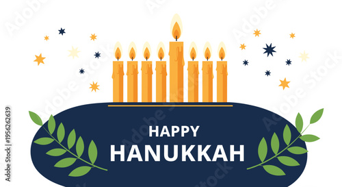 Festive Hanukkah greeting banner features a menorah with nine lit candles, golden stars, and olive branches on a dark blue background.