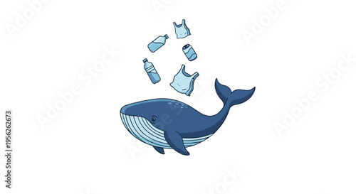 Blue whale swimming in the ocean with plastic pollution like bottles and bags floating above its blowhole highlights environmental issues.
