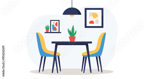 Modern dining room interior featuring a dark table with yellow and blue chairs, a pendant lamp, and abstract wall art for home staging.