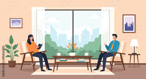 Professional office waiting area features two people sitting in comfortable chairs while looking out of a large window with a city view.