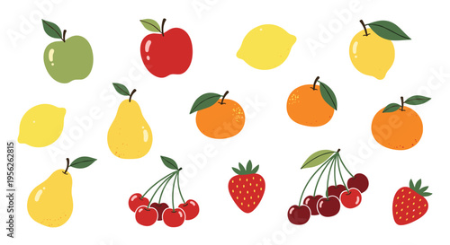 Wide variety of colorful fruits including apples, lemons, pears, oranges, strawberries, and cherries are illustrated in a simple and playful style.