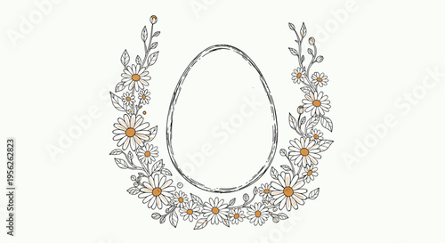 Delicate line art illustration features a central egg shape surrounded by a horseshoe wreath of daisies and small flowers for Easter decorations.
