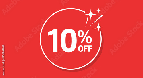Bold red promotional graphic features 10 percent off text inside a white circle with white sparkle accents for marketing sales and discounts.