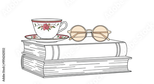 Pair of reading glasses and a floral teacup on a saucer rest atop a stack of two old books in a charming academic or leisure illustration.