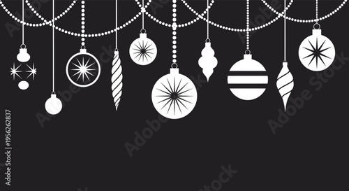 Festive white Christmas ornaments and bead garlands hang from the top of the frame against a solid black background for elegant holiday cards.