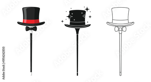 Set of three magic wands featuring a black top hat with a red ribbon in colorful, silhouette, and line art versions for magic performance design.