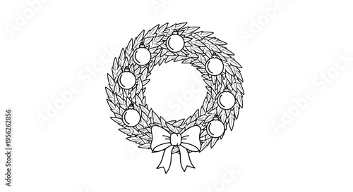 Traditional Christmas wreath made of evergreen leaves is decorated with round baubles and a large ribbon bow in a black and white line drawing.