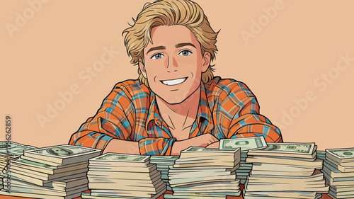 Young man smiles while sitting at a table filled with stacks of cash in a bright setting