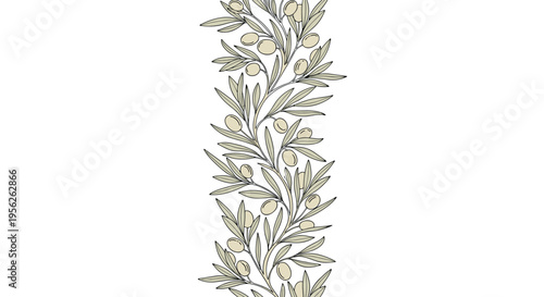 Vertical border pattern features detailed olive branches with leaves and ripe olives in a classic Mediterranean style for food or cosmetic labels.