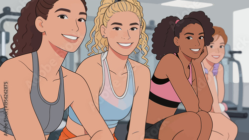 Girls smile and sit together at a gym during a workout session in a bright fitness center