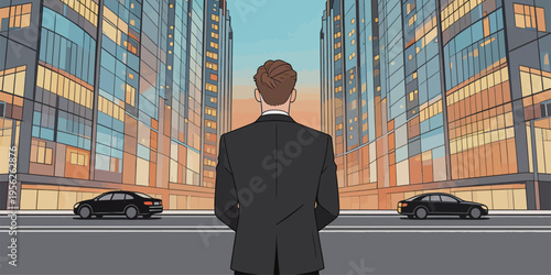 Businessman stands on street looking at city buildings during sunset near parked cars