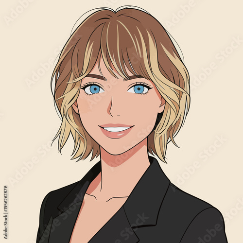 A young woman with light brown hair and blue eyes smiles warmly while wearing a dark jacket in a simple background