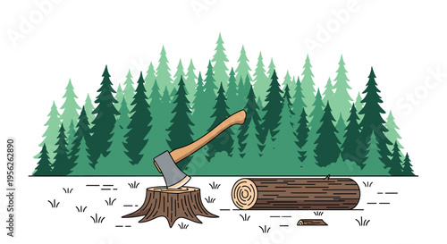 Logging scene in a pine forest features a freshly cut tree stump with an axe embedded in it next to a large wooden log on the snowy ground.