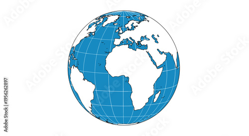 Blue and white terrestrial globe highlights the continents of Africa and Europe with longitudinal and latitudinal lines against a white background.