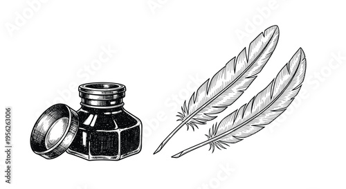Detailed vintage style inkwell and two quill feathers sketch representing old fashioned writing and traditional classic literature.