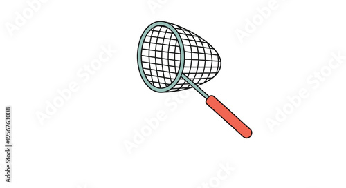 Simple graphic illustration of a handheld butterfly net or small aquatic net with a long red handle isolated on a white background.