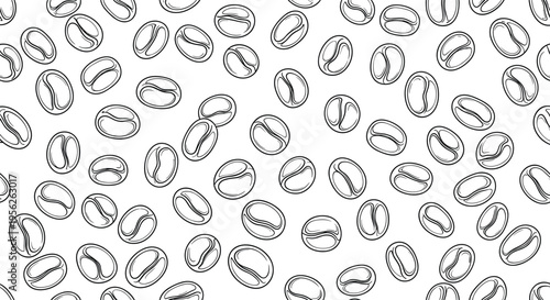 Detailed seamless pattern of hand drawn coffee beans in a black and white sketch style for modern cafe and gourmet food branding.