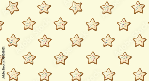 Delicious looking star shaped sugar cookies with colorful sprinkles arranged in a vibrant and seamless repeating festive pattern.