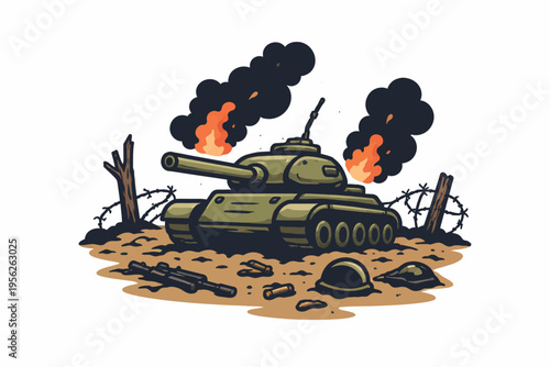 Military tank in a war zone with smoke and debris around it on the battlefield with barbed wire