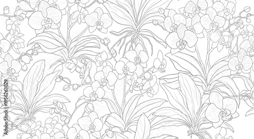 Intricate black and white line drawing of exotic orchid flowers and leaves in a seamless repeating floral botanical pattern.