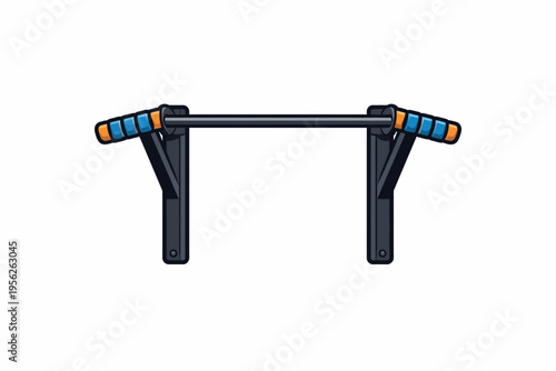 Cartoon illustration of a black pull-up bar with blue and orange grips on a white background for fitness and exercise