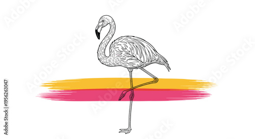 Stylized illustration of a graceful tropical flamingo standing on one leg in front of a colorful pink and orange sunset background.