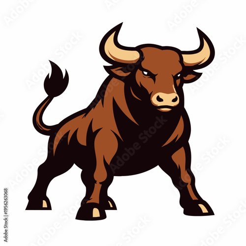 A powerful brown bull with large horns and a muscular build standing aggressively with its legs spread apart on a white background