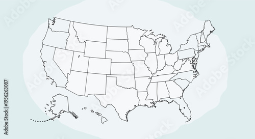 Simple black outline map of the United States of America including Alaska and Hawaii on a light background for educational use.