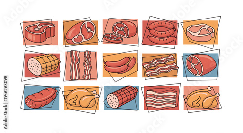 Colorful collection of various meat products and poultry including steak, bacon, sausages, ham, and whole chickens for a menu design.