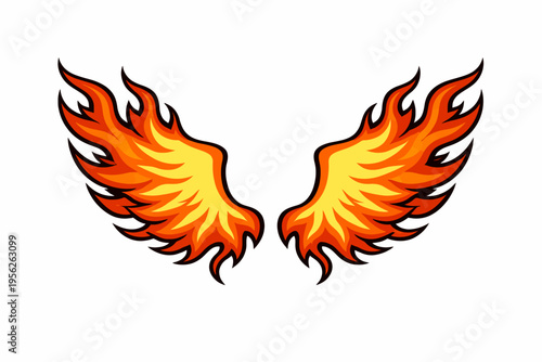 Vibrant orange and yellow flame wings on white background, symbolizing freedom and power, perfect for fiery designs