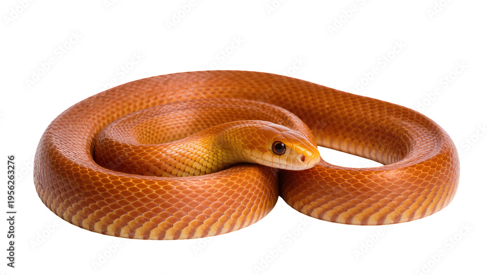 Fototapeta premium Isolated vibrant orange corn snake coiled up, beautiful reptile detailed scales close-up.
