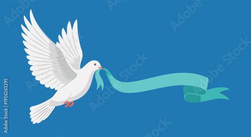 Peaceful white dove flying through the clear sky while carrying a long flowing blue banner or ribbon in its beak.