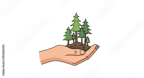 Human hand gently holding a small group of green pine trees on a patch of soil symbolizing forest conservation and ecology.