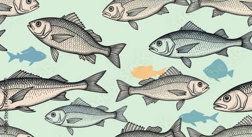 Seamless pattern of various illustrated fish in a detailed hand drawn sketch style on a light green watery background.