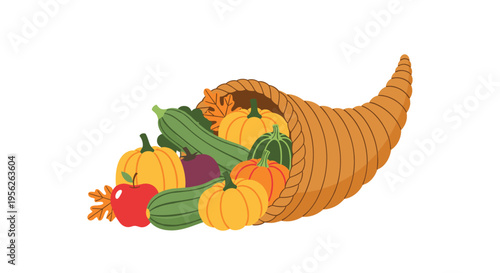 Traditional horn of plenty or cornucopia overflowing with colorful pumpkins gourds squashes and a red apple for harvest.