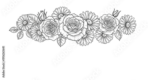 Elegant floral border design featuring hand drawn roses and daisies in black and white line art perfect for stationery.