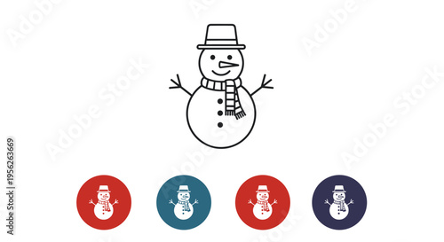 Snowman icon set with a main black and white outline and four variations in colored circular backgrounds for winter design.