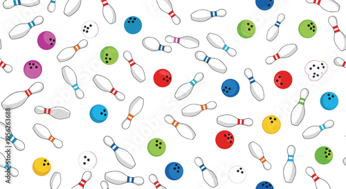 Fun and colorful seamless pattern of bowling balls and pins falling in various directions on a clean white background.