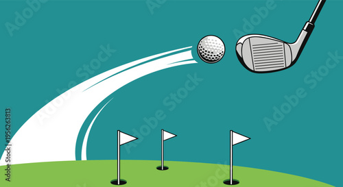 Golf ball soaring through the air leaving a white trail after being struck by an iron club on a sunny day at the course.