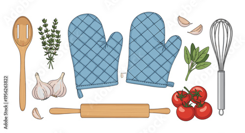 Flat lay of diverse kitchen tools like oven mitts and a rolling pin with fresh garlic tomatoes and herbs for cooking.