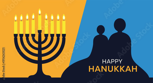 Hanukkah scene with a menorah silhouette on an orange background and two figures on a blue background with a holiday greeting.