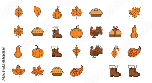 Comprehensive set of autumn and Thanksgiving icons including pumpkins pies leaves boots turkeys and a cornucopia.