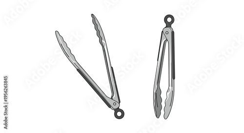 Pair of stainless steel kitchen tongs shown in both open and closed positions for grabbing and serving food while cooking.