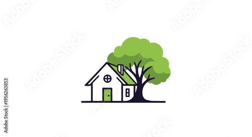 Minimalist icon showing a small white house with a green door standing next to a large leafy green tree on a dark line.