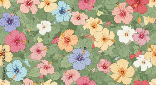 Tropical seamless pattern of blooming hibiscus flowers in various colors like pink blue and yellow among lush green leaves.