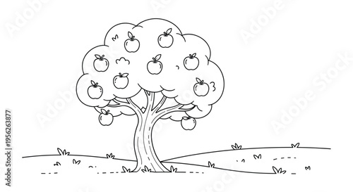 Outline drawing of a fruit tree laden with many apples standing in a field with patches of grass in a clean sketch style.