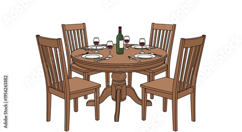 Elegant round dining table with four wooden chairs set for four people with plates wine glasses and a bottle of red wine.