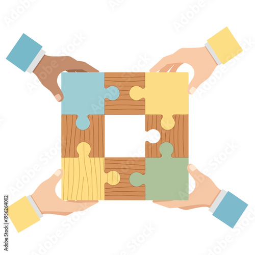 Diverse hands assemble jigsaw puzzle, teamwork, connection, strategy, cooperation, unity